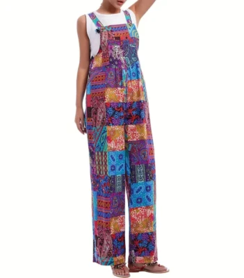 Mono para mujer colorido estampado cachemir cuello cuadrado con bolsillos pierna ancha talla L Foto 1 de 4