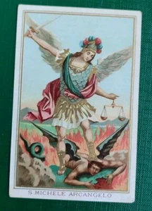 1898 ANTICO SANTINO POLICROMO SAN MICHELE ARCANGELO CON PREGHIERA  - Foto 1 di 2