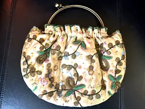 Beaded Purse Kiss Lock Half Round Metal Handled Evening Bag 10" - Picture 1 of 8