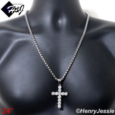 18"-40"MEN Stainless Steel 5mm Silver Box Link Chain ICY CZ Cross Pendant*IP138 - Image 1 of 4