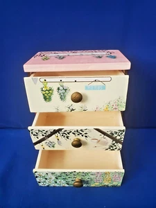 Kathy Hatch Flower Garden 3 Drawer Chest Spice Trinket Box Hand Painted Wood 8" - Picture 1 of 10