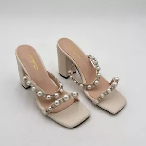 XYD White Square Open Toe High Chunky Heel Pearls Dual Straps Slides Sandals - Picture 1 of 7