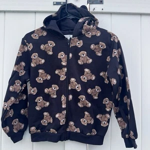 H&M Kids Black Hooded Jacket Zip Up Teddy Bears - Size 8/10 - Picture 1 of 4