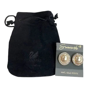 Swarovski Pearl & Crystal Round Stud Earrings 14K Gold Posts Velvet Black Pouch - Picture 1 of 9