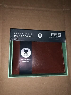 Perry Ellis Portfolio Brown Leather Men’s Wallet Billfold RFID Protected NEW - Image 1 of 3