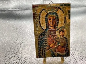 ANTIQUE MOSAIC on WOOD VIRGIN MARY & BABY JESUS WALL PLAQUE 3”x4 3/4” - Picture 1 of 4