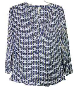 Grand & Greene Womens Large Top Blue Chain Blouse Print Roll-Tab Sleeve Pullover - Picture 1 of 7