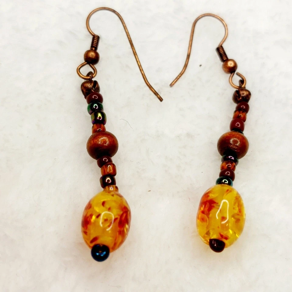 Pendientes de cobre hechos a mano cuentas ámbar cuentas de madera cuentas de vidrio colgantes Foto 1 de 4