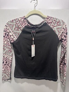 Billabong Shirt Girls 12 Black Rash Guard Sun Aztec Long Sleeve Shirt Only Swim - Picture 1 of 9