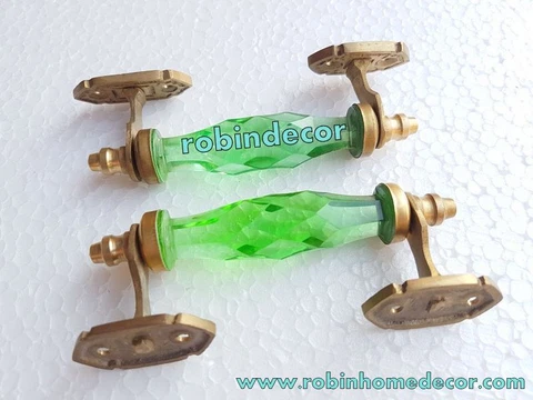 2 Pc Vintage Antique Style Green Crystal Cut Glass Brass Door Handle Collectible Cover