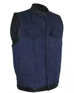 Men's Vest Denim Dark Blue Motorcycle Club Gun Pockets Zipper Snaps Leather Trim - Bild 1 von 7