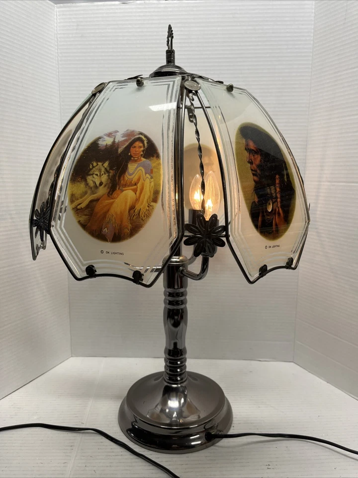 Native American Indian OK Lighting 3 Bulb Table Lamp Works As Is Needs Base - Image 1 of 4