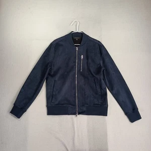 Banana Republic Vegan Suede Bomber Jacket Mens Size M Navy Blue Pockets Indie - Picture 1 of 12