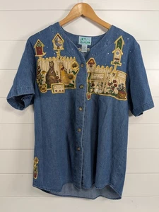 Vintage Quacker Factory Hemd Damen Medium Katzen Garten bestickt 90er Denim - Bild 1 von 11