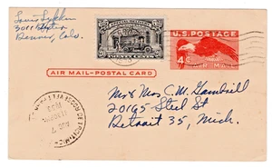 UXC1 Airmail Postal Card Denver Special Delivery to Detroit MI 1953 Almost Red - Picture 1 of 2