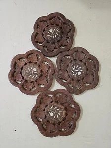 Carved Wooden Trivets With Inlay Lot of 4 Footed Made in India - Picture 1 of 19