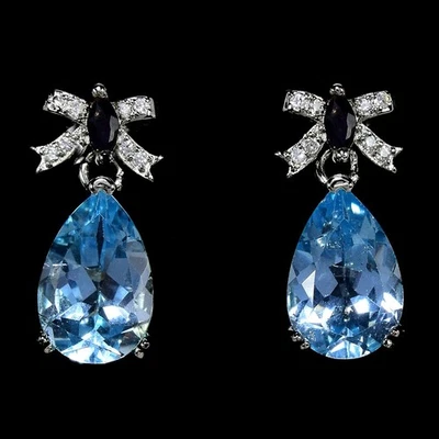 GENUINE AAA SKY BLUE TOPAZ, SAPPHIRE & CZ STERLING 925 SILVER DANGLE EARRING - Image 1 of 4