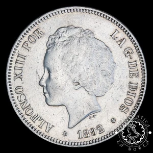 1892 *92 - 5 PESETAS - Alfonso XIII - PG M - EBC-/MBC+ - Bild 1 von 2