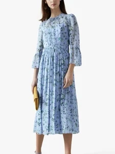L.K. BENNETT DR Coddington Blue Floral Silk Midi Dress UK 14 Occasion Wedding - Picture 1 of 18