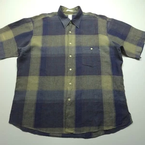 VTG Burma Bibas Mens Shirt XL Blue Brown Pure Natural Linen 90s Leisure Casual - Picture 1 of 22
