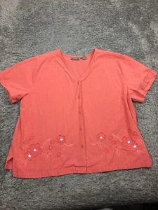 Jane Ashley Button Up Shirt Woman Size 2X Coral Pink Short Sleeve - Picture 1 of 11