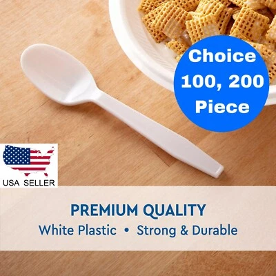 100/200 Disposable White Plastic Spoons Heavy Weight Strong Spoons for party - Image 1 of 4