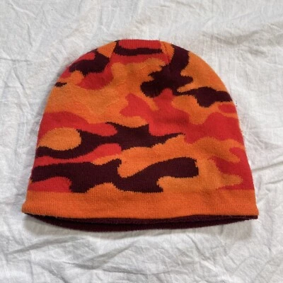 Lands End Y2K Fleece Beanie Cap No Fold Camo Camouflage Orange Black Red - Image 1 of 3