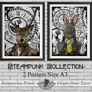 Fotos de conejos y ciervos tamaño A3 de 2 pósters de Steampunk Animal Collection - Imagen 1 de 1