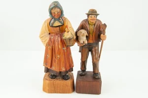 Vintage Carved Wood Folk Art Figurine Old Women And Man Hand Painted Couple - Picture 1 of 5