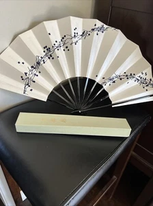 Japanese Vintage Traditional Dancing Folding Fan Ivory With Dark Blue Tree - Picture 1 of 4