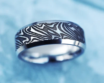 Men's Tungsten Silver Mokume-gane Damascus Steel Band Wedding Ring - 8mm Wide - Image 1 of 4