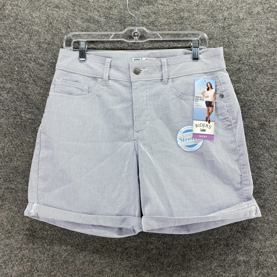 Nuevos Pantalones Cortos Riders Mujer M Medianos Azul Rayas Tiro Medio Bolsillos con Puños Algodón Foto 1 de 4