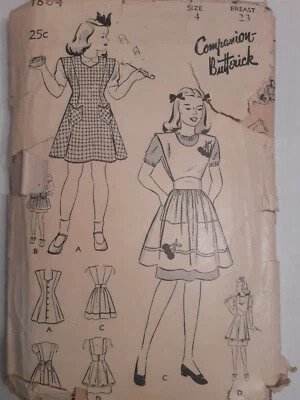 Apron Pinafore Butterick Sewing Pattern 1804 Girls Size 4 Cut VTG 40s Companion - Image 1 of 4
