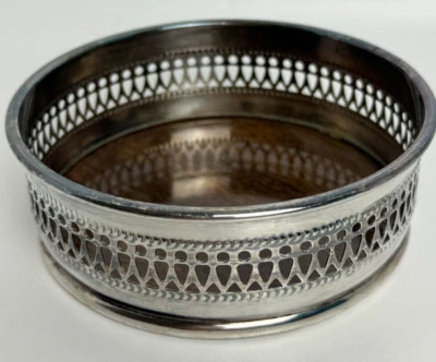 Vintage Sheffield Silver Plate Champagne Wine Coaster Formica Faux Wood 19 USA - Image 1 of 4