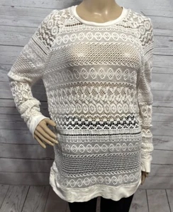Bass Crochet Lace Raglan Tunic Shirt Large Cream White Long Sleeve Sheer Knit - Picture 1 of 13