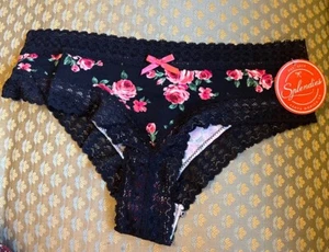 NWT Splendies Cheeky Black Pink Roses Floral Bikini  Panty Medium M - Picture 1 of 8