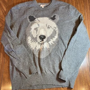 Gap Lambswool Sweater Men XL Heather Grey Bear Graphic Crew Casual Comfort - Picture 1 of 7