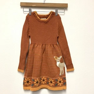 Cynthia Rowley Woodland Deer Sweater Dress Girls Small 5-6 Long Sleeve Knit Fall - Picture 1 of 11