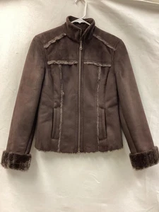 Chaqueta de mezclilla para mujer Calvin Klein pequeña marrón imitación gamuza forrada de piel sintética cremallera - Imagen 1 de 14