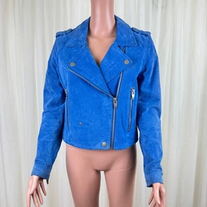 Women's SL8 Genuine Suede Asymmetric Zipper Accent Crop Moto Jacket Blue Size MD - Picture 1 of 17