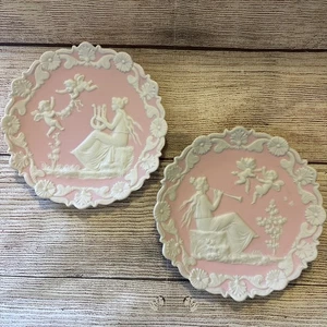 Vtg Pair Schafer & Vater Pink White Jasper ware Wall Plates Cherubs 6” - Picture 1 of 14