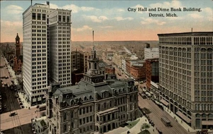 Tarjeta postal vintage sin usar de Detroit Michigan Dime Bank City Hall City Sunset Bank - Imagen 1 de 2