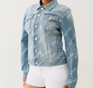 TRUE RELIGION All Over Print Logo DENIM JACKET WOMEN’S SIZE MEDIUM - Picture 1 of 11
