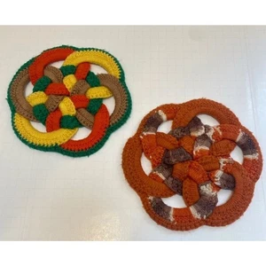 Vintage Boho 70s Woven Hotpads Trivet Set Oven Mit Pot Holder - Picture 1 of 3