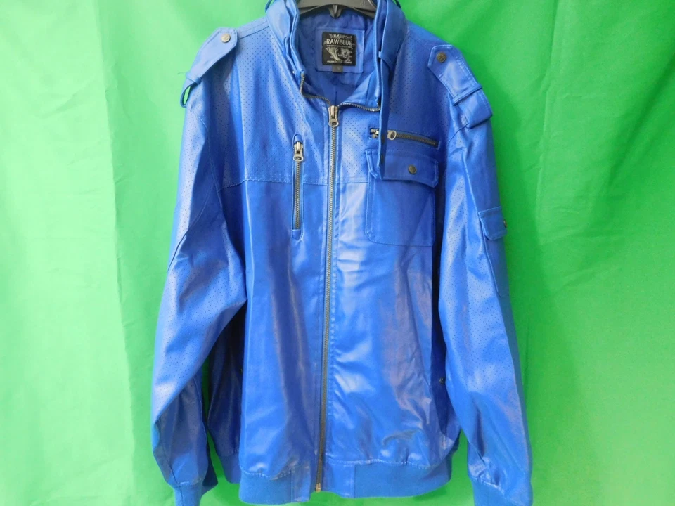Chaqueta de Moto AZUL CRUDO (Color Azul) Para Hombre 2XL – Rara Ropa de Calle Y2K Imitación Cuero Foto 1 de 4