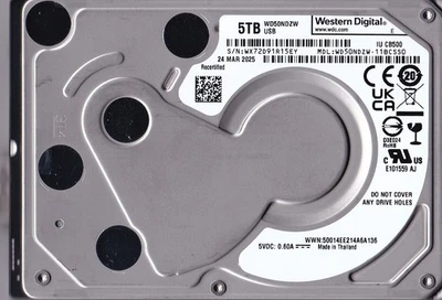 WD50NDZW-11BCSS0 s/n: WX72D9 MAR/2025 Re-Cert 5TB USB 3.0 2.5" WESTERN DIGITAL Foto 1 de 4
