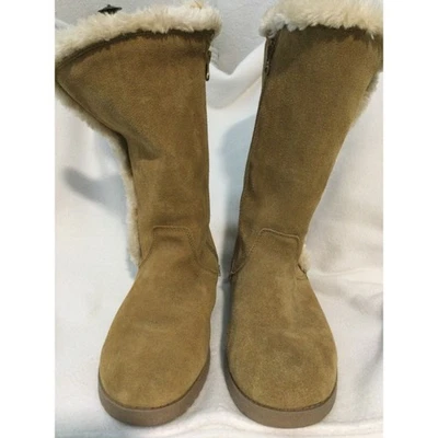 Suede Boots Women's Size 9 Tall Faux Fur Trim Zip Up Winter Warm Tan Comfy - Image 1 of 4