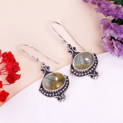 Pendiente boho de plata esterlina 925 maciza con piedras preciosas de labradorita joyería de novia V1146 Foto 1 de 4