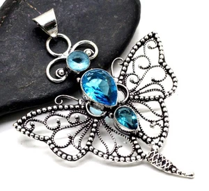 925 Sterling Silver Swiss Blue Topaz Gemstone jewelry Handmade Butterfly Pendant - Picture 1 of 2