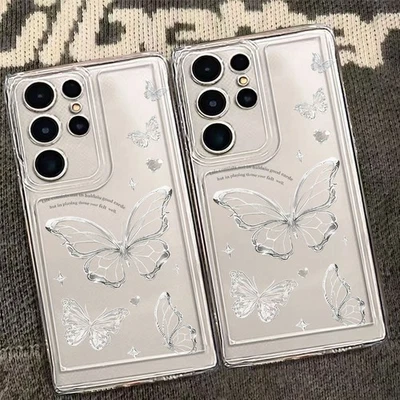 银色蝴蝶透明保护壳 适用于三星 S25 S24 S23 S22 S21 Note 20 Ultra Plus — 第 1/4 张图片